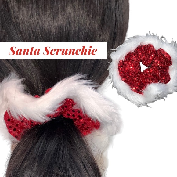 Santa Fur Sequence Scrunchie, Hair Accessory |Handmade Gift, Hair Tie, Stocking - Picture 12 of 13